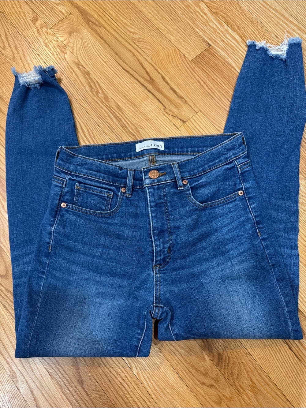 LOFT Skinny Jeans in Medium Blue Wash with Frayed Hem